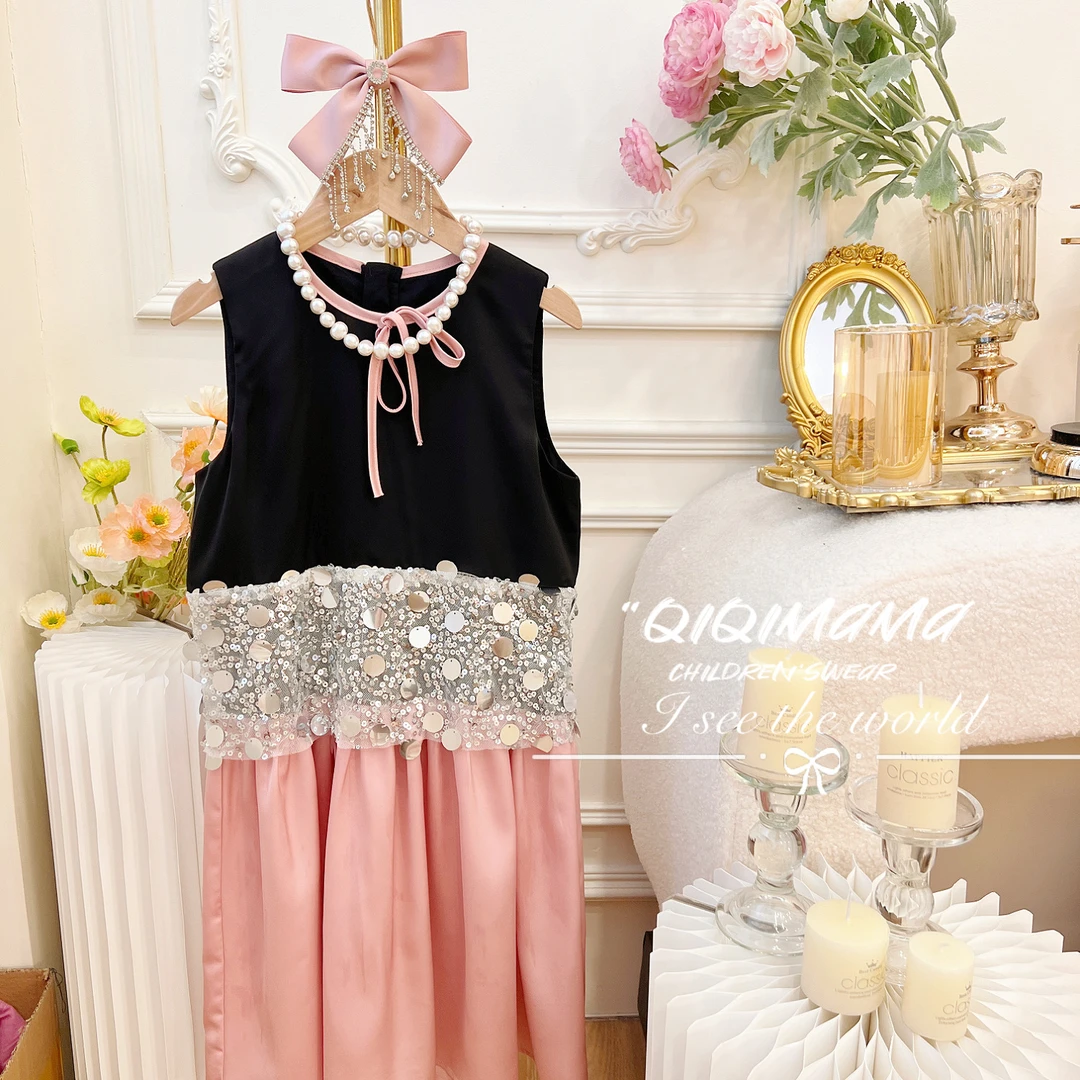 【Qi奇妈】女童春季黑色拼接亮片蕾丝粉色裙摆无袖连衣裙 Q0001