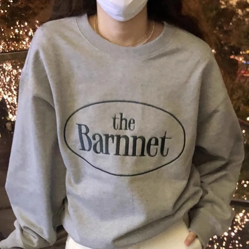 现货~韩国八奶刺绣字母休闲宽松长袖套头圆领卫衣女潮