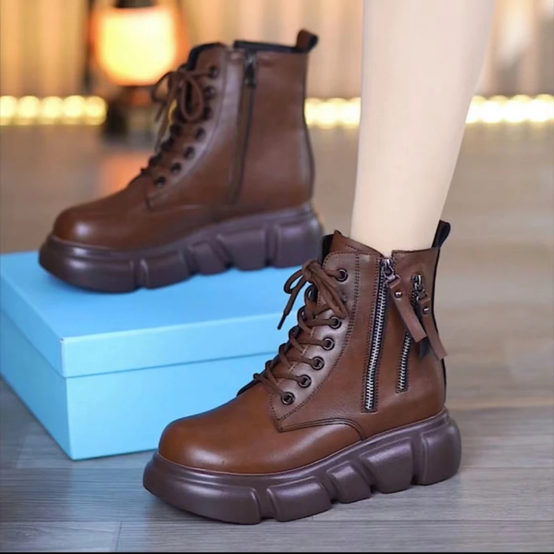 双拉链复古马丁靴女英伦风2023年秋冬新款圆头厚底松糕加绒短靴