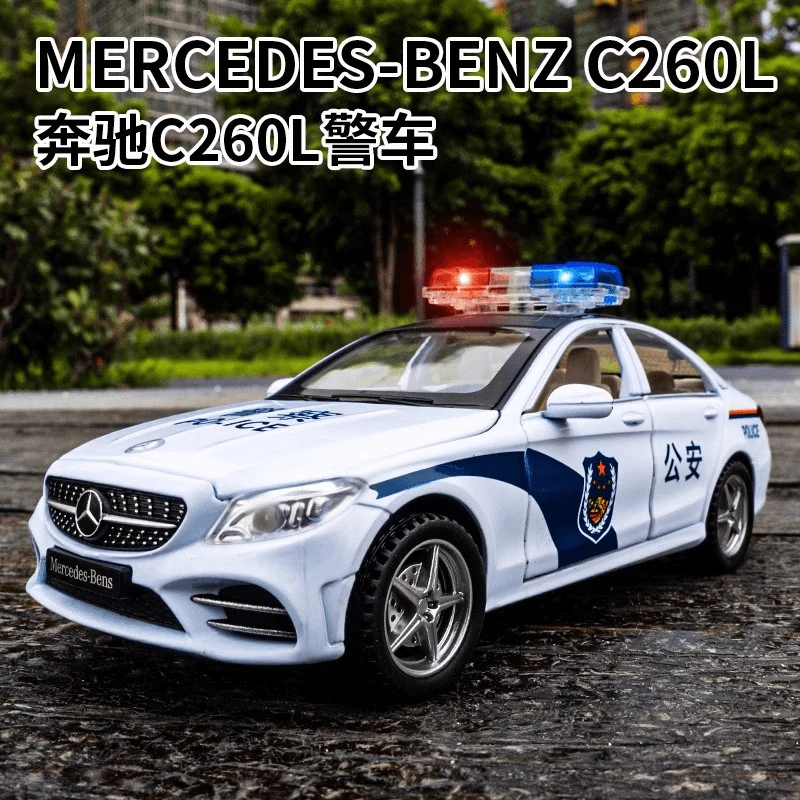 奔驰C260L警车模型玩具仿真合金特警车男孩110警察车男孩回力车