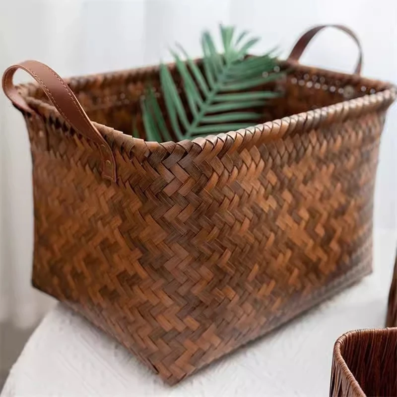 复古手工收纳筐日式家用收纳盒仿藤编手提篮方形储物盒咖色脏衣篮