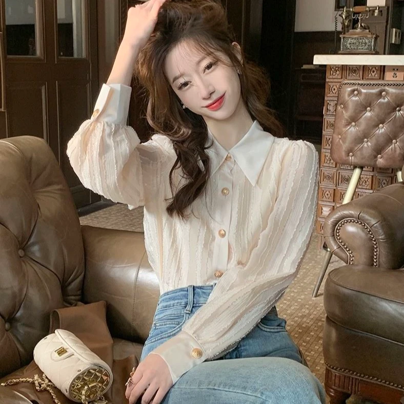 法式荷叶边蕾丝雪纺衬衫女春秋装新款新中式国风小衫洋气上衣女款