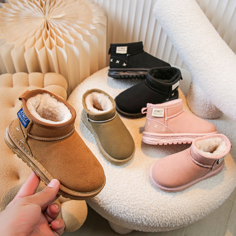 儿童雪地靴2023加绒加厚防水反绒皮面软底棉靴男女保暖室内外童鞋