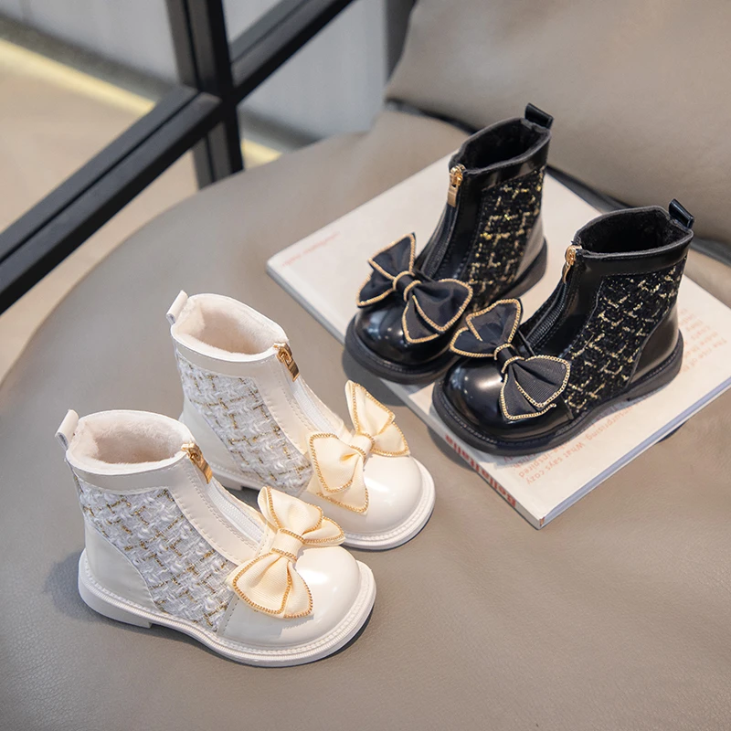 女宝靴子2024冬季新款时尚小香风公主靴蝴蝶结加绒保暖儿童马丁靴