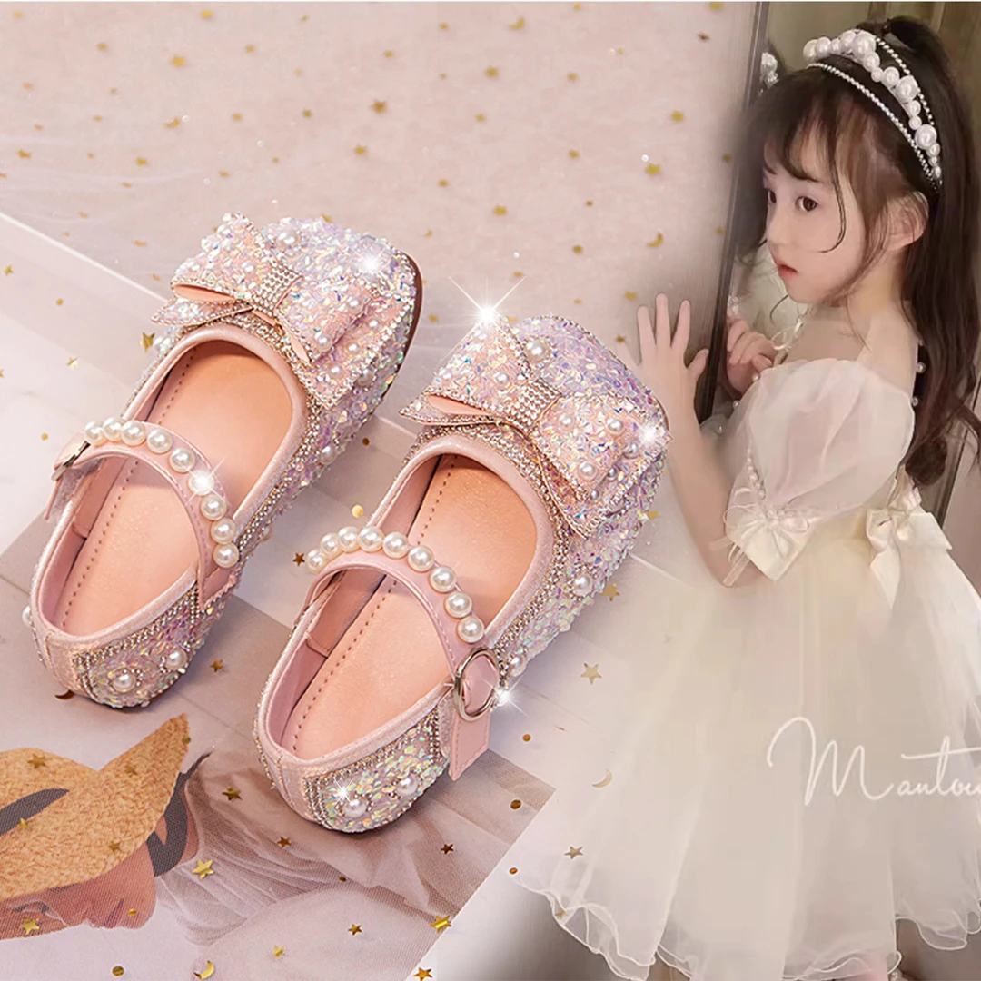 女童公主鞋2024春季新款时尚软底皮鞋小女孩洋气亮钻表演时装单鞋