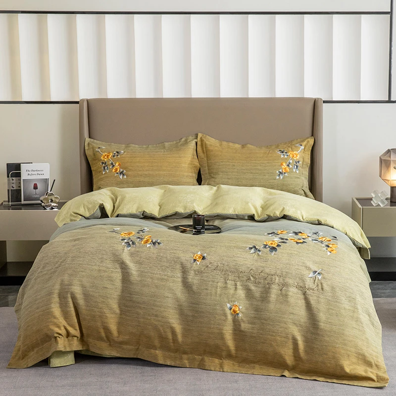 重工加厚刺绣四件套磨毛加厚双层双面简约床品床单四件套纯色绣花