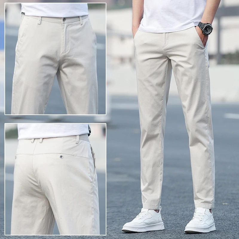 香港休闲裤男米白色修身直筒男裤高端弹力长裤子男春夏新款