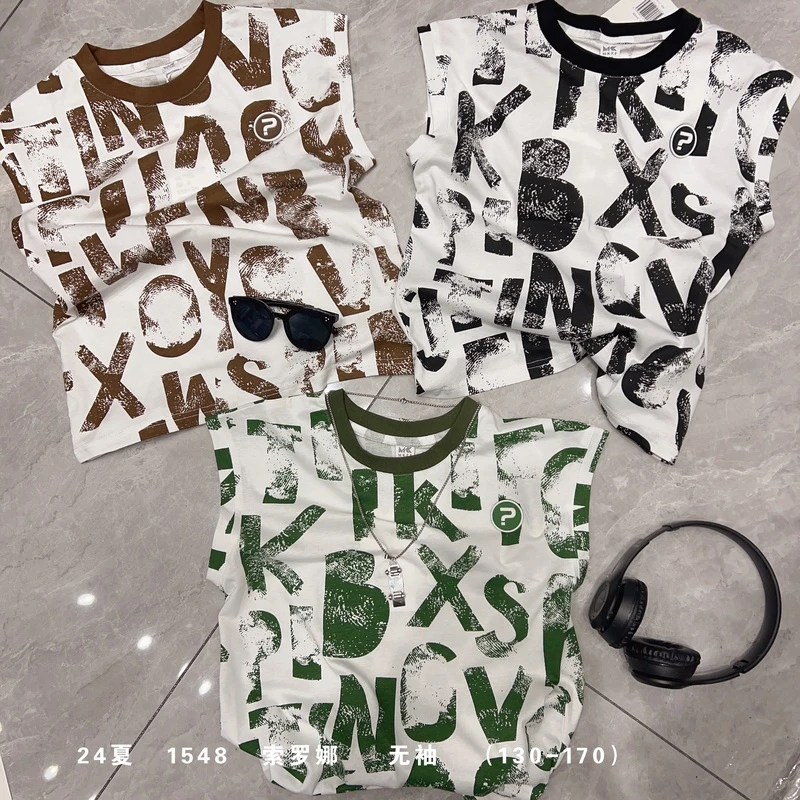 童装中大童夏季无袖百搭时尚韩系潮流印花圆领背心 15483