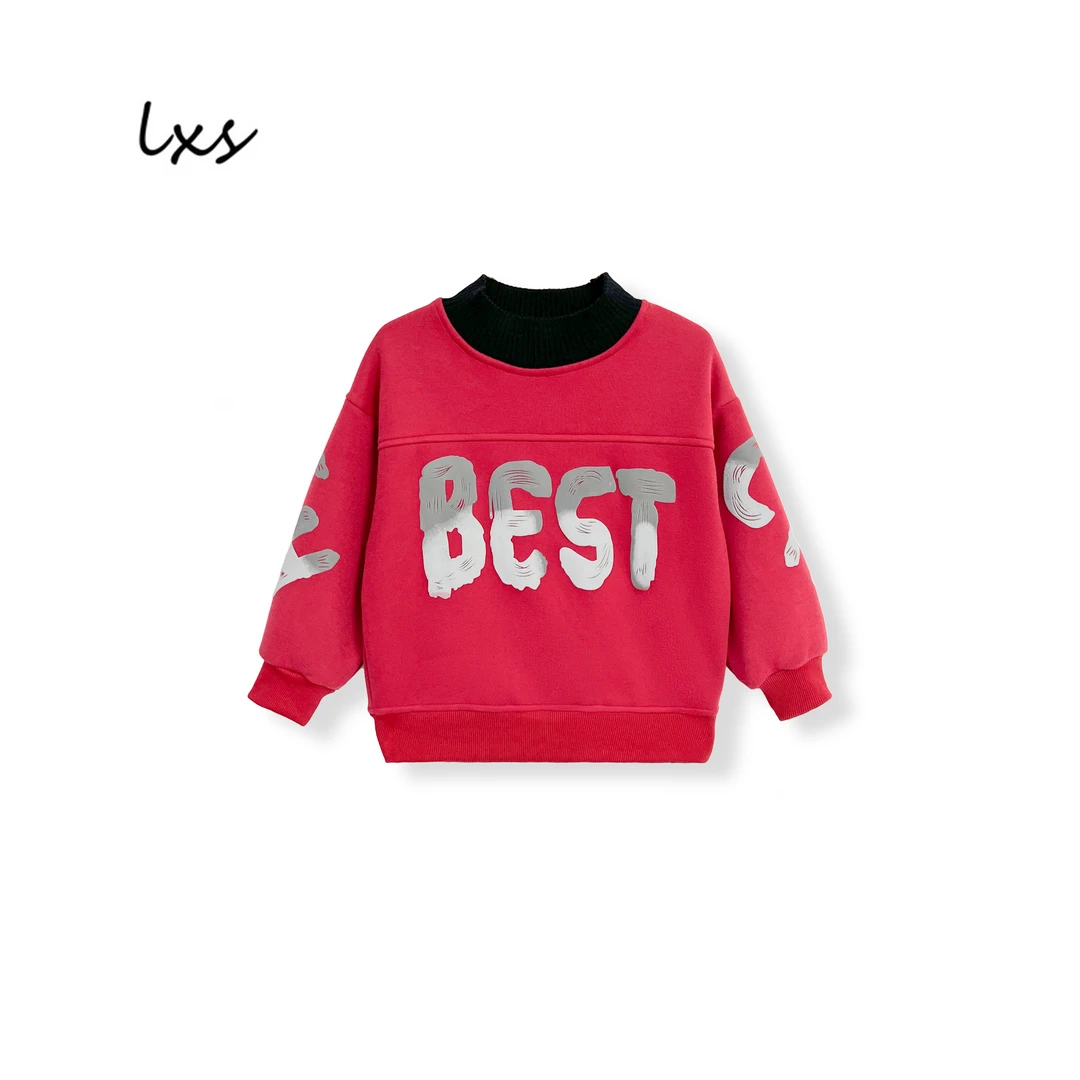 鹿小生童装年款冬季加绒红色中性款百搭宽松拼接高领套头卫衣Q525