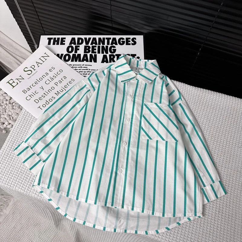 舅舅严选童装儿童春夏韩版宽松时尚百搭竖条帅气长袖衬衫W0091