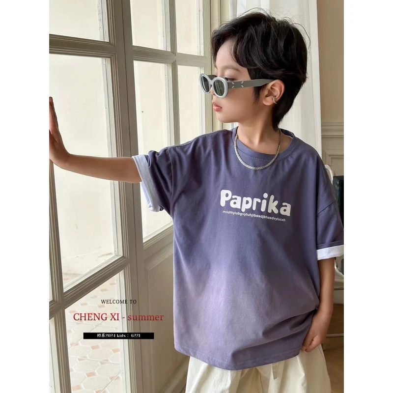 童装夏季韩版吊染渐变时尚百搭潮流宽松短袖T恤 C62213