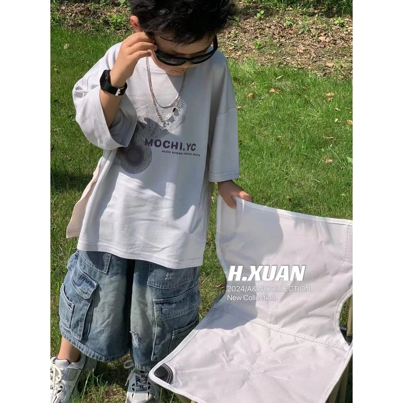 舅舅严选童装儿童夏季韩版时尚百搭潮流吊坠宽松圆领短袖X241653
