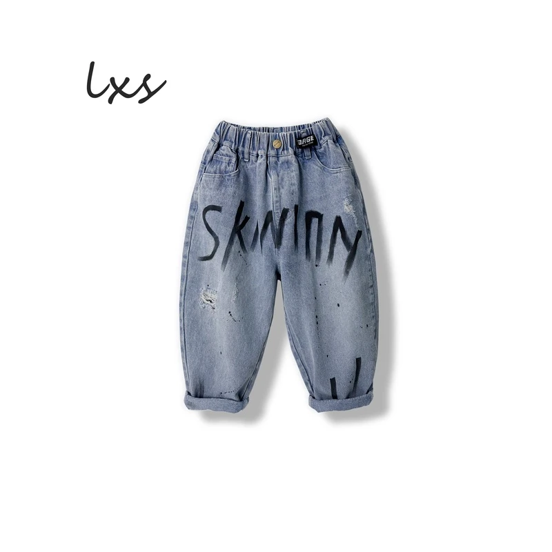 童装男童春秋儿童韩版百搭时尚字母宽松休闲牛仔裤Y00001