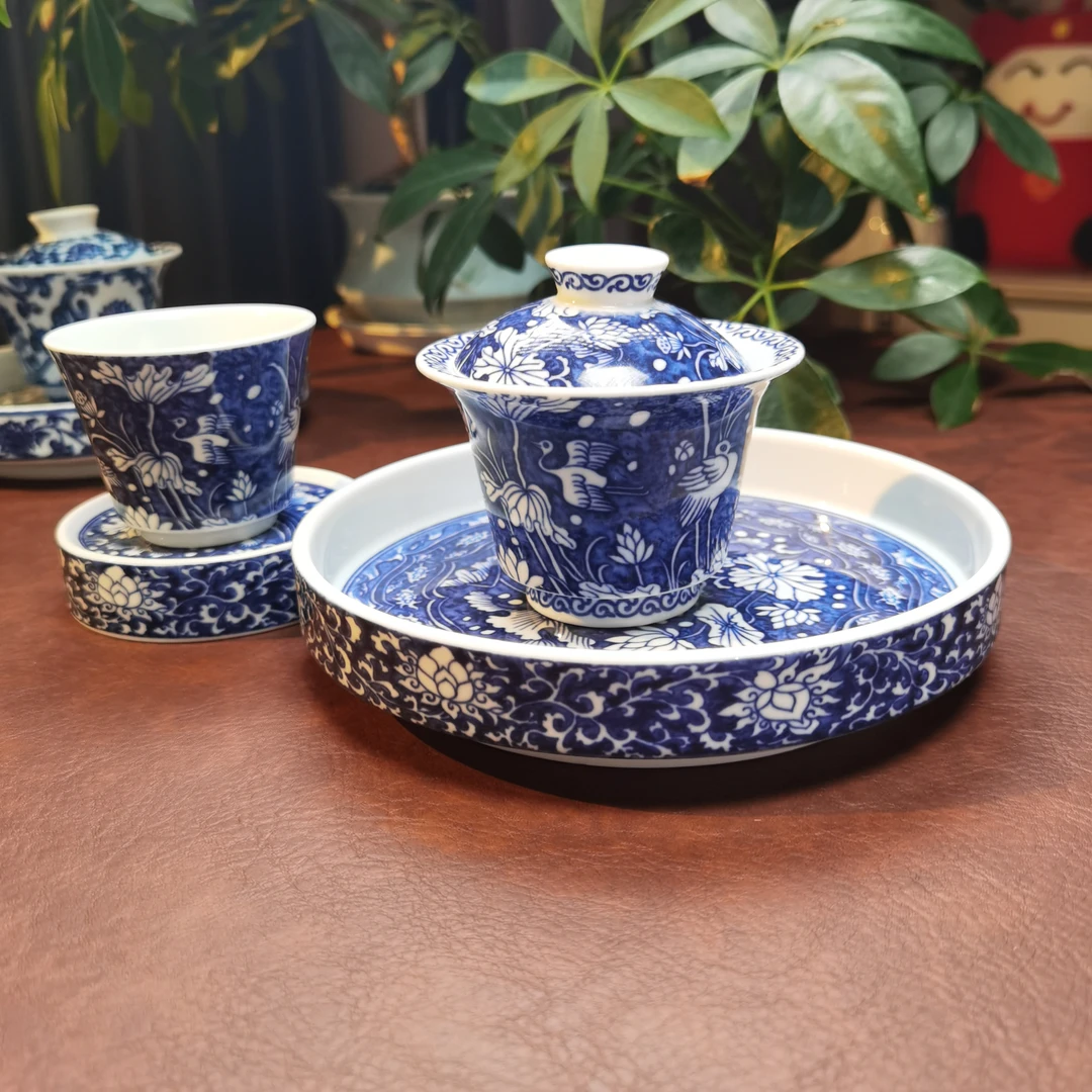 景德镇高温烧制手工高档茶具青花一鹭莲科陶瓷盖碗茶盖碗四件套