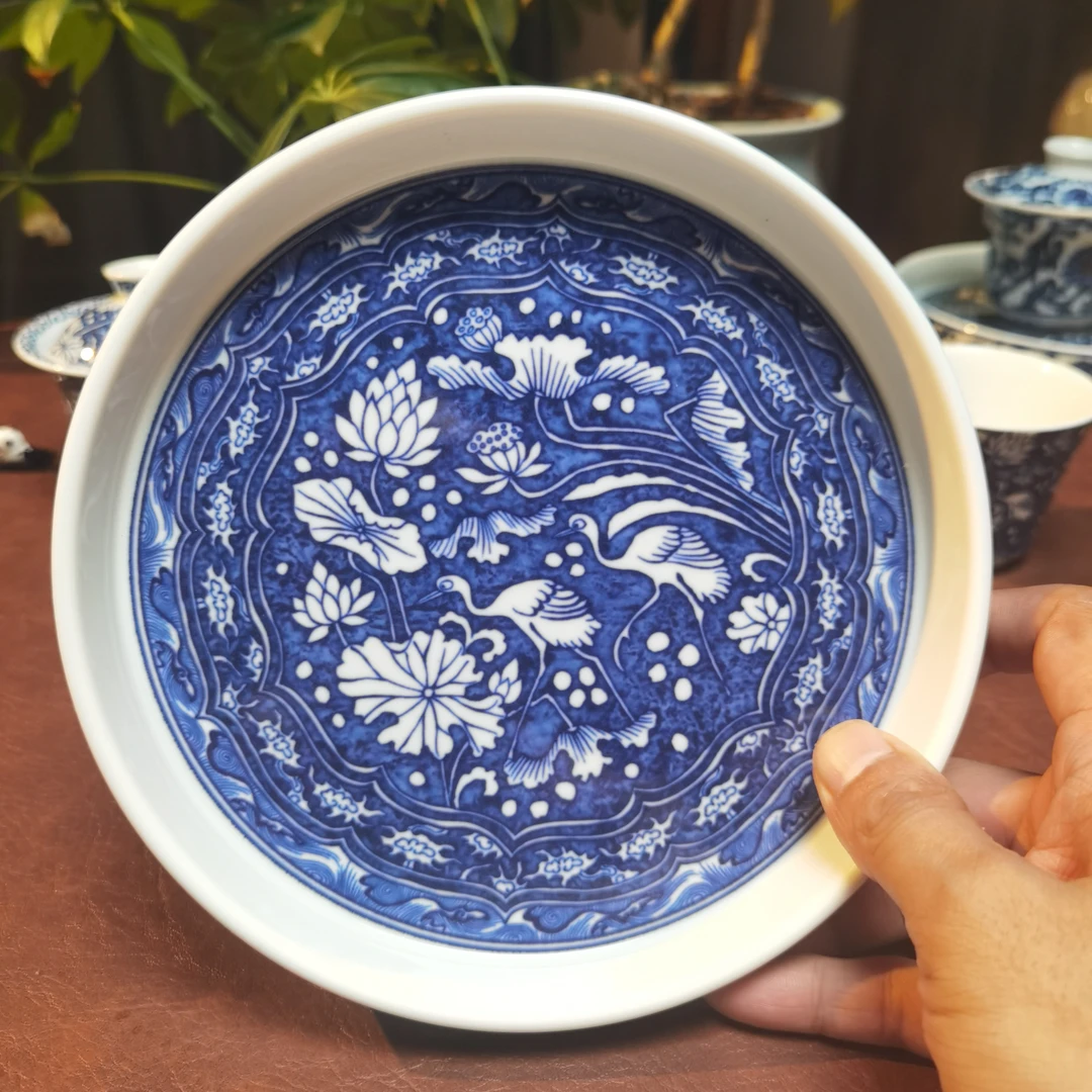 景德镇高温烧制青花一鹭莲科陶瓷壶承