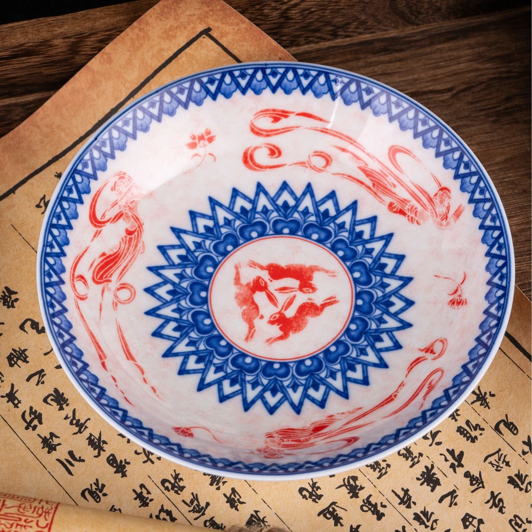 优质高岭土景德镇七丞堂青花拓片三兔飞天大号中式陶瓷茶具壶承