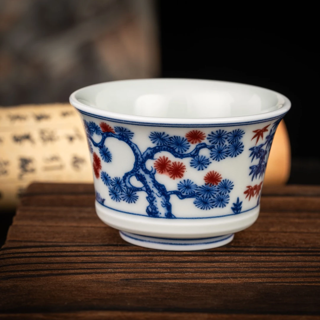 匠心慢工打造景德镇七丞堂青花釉里红松竹梅竹节陶瓷【小】主人杯