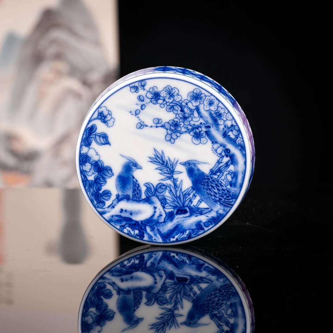 秉承传统工艺景德镇炎匠怀古枢府釉青花前程似景陶瓷茶具盖置圆形