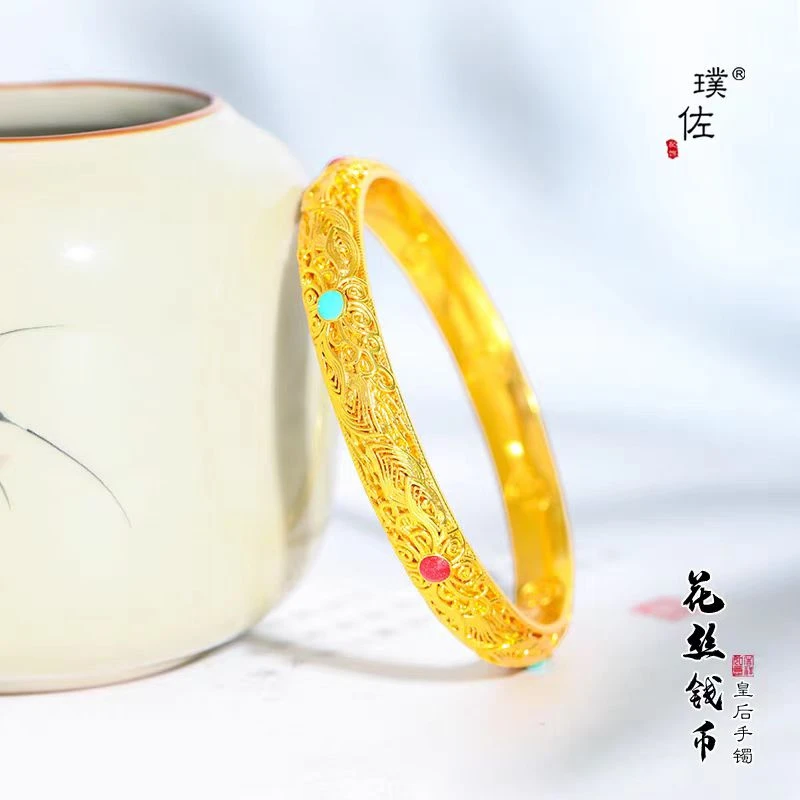 足银珐琅手镯 皇后手镯包厚金工艺足银999古法实心手镯传承经典