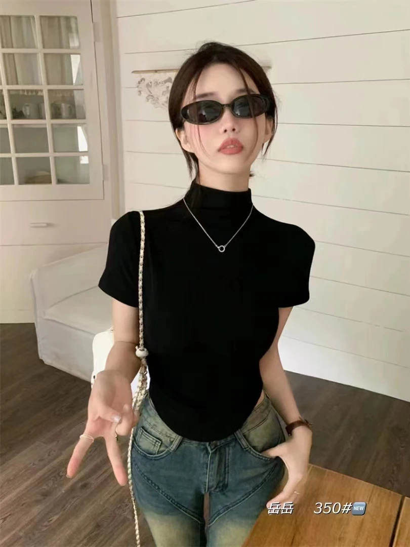 显瘦修身t恤辣妹打底衫纯色百搭简约黑色春款
