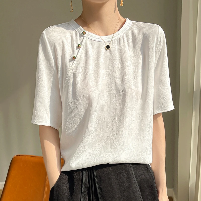 春夏新款新中式国风高级感盘扣提花缎面半袖夏季女士显瘦丝滑上衣