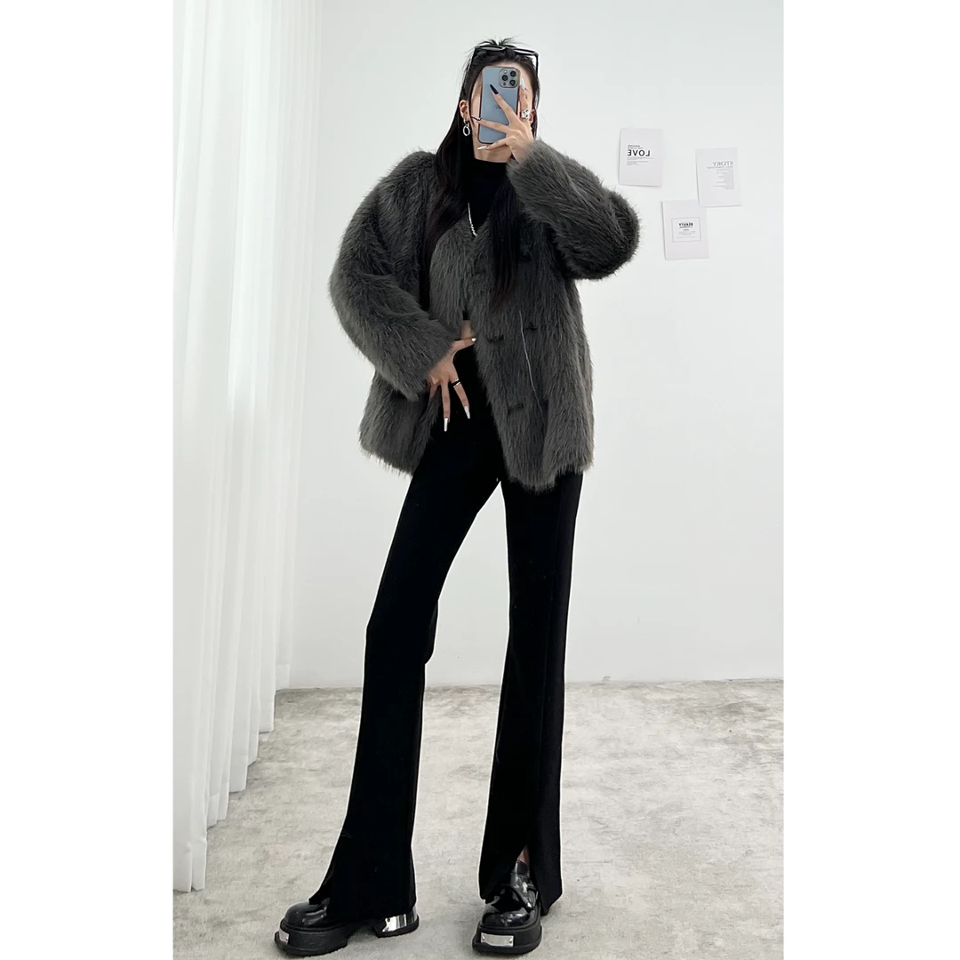 SUNLY冬季加绒西装开叉裤女高腰直筒垂感微喇叭黑色百搭显高裤子