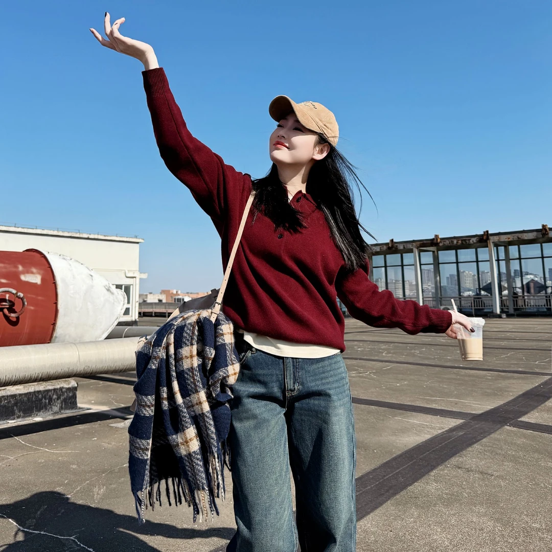 今婷休闲时尚百搭宽松撞色排扣翻领长袖套头毛衫毛衣女-M24402359