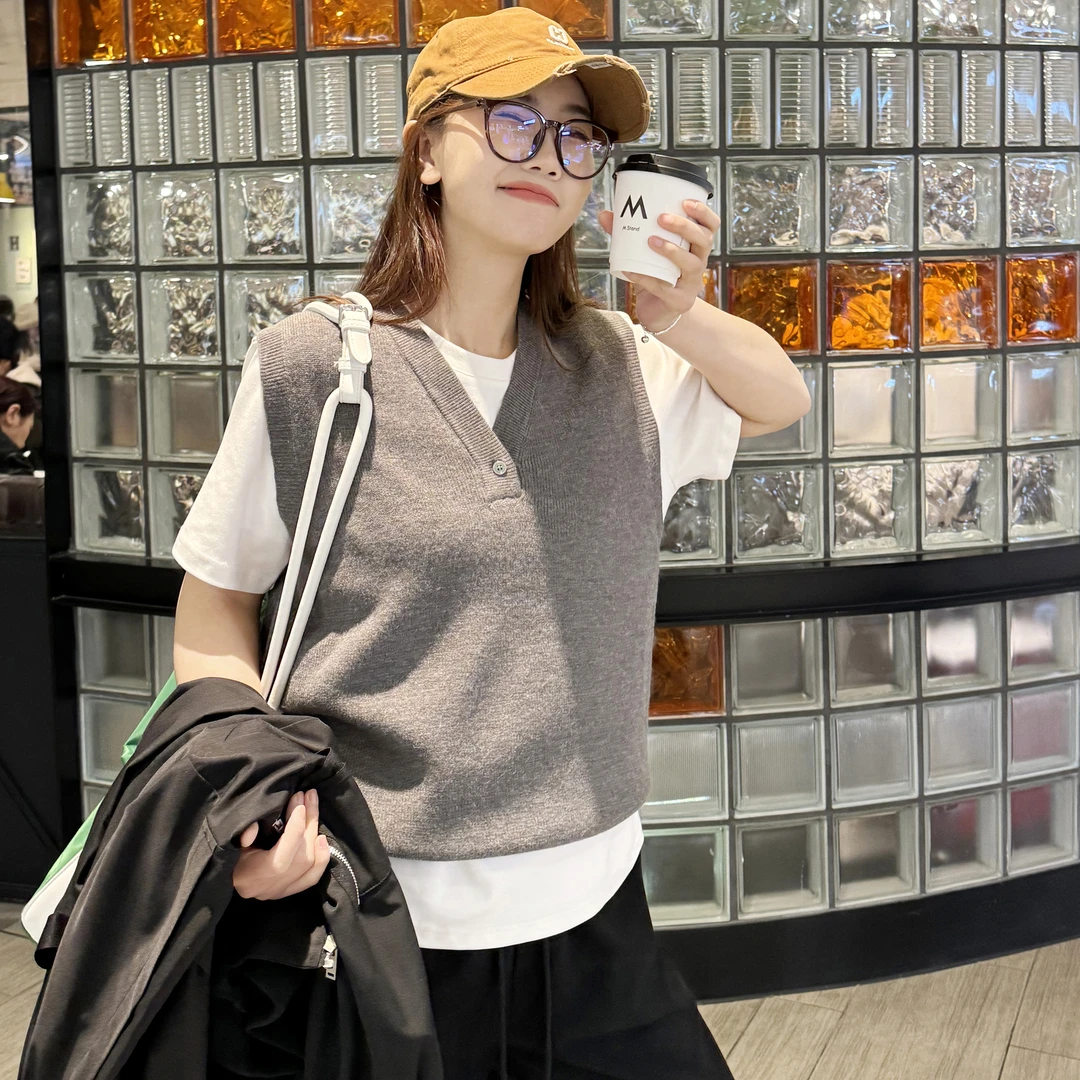 今婷【炸款不退换】叠穿纯色春季套头毛衣针织衫V领马甲-HC2489728