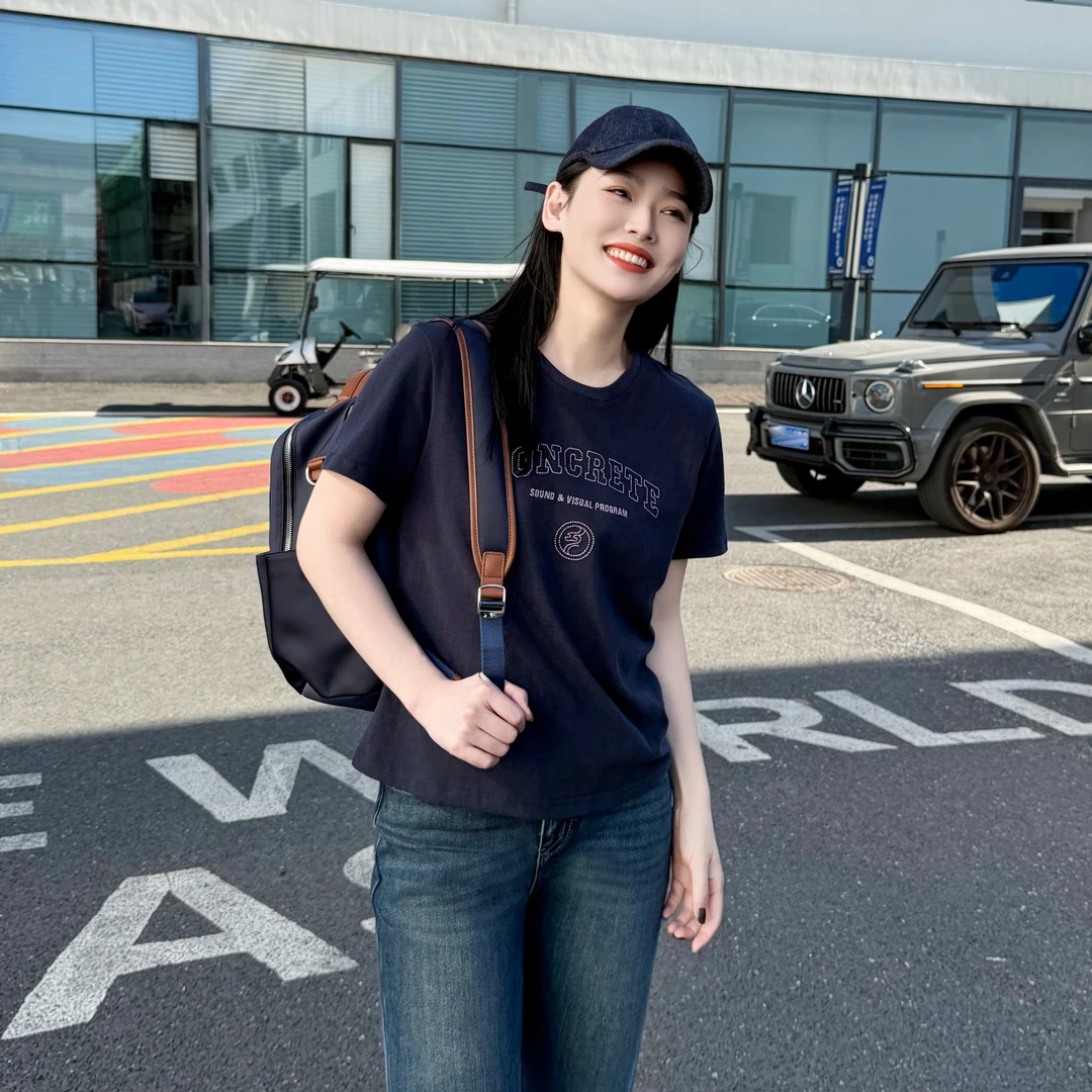 今婷韩版休闲简约基础实穿设计感字母刺绣圆领短袖T恤-M24414325