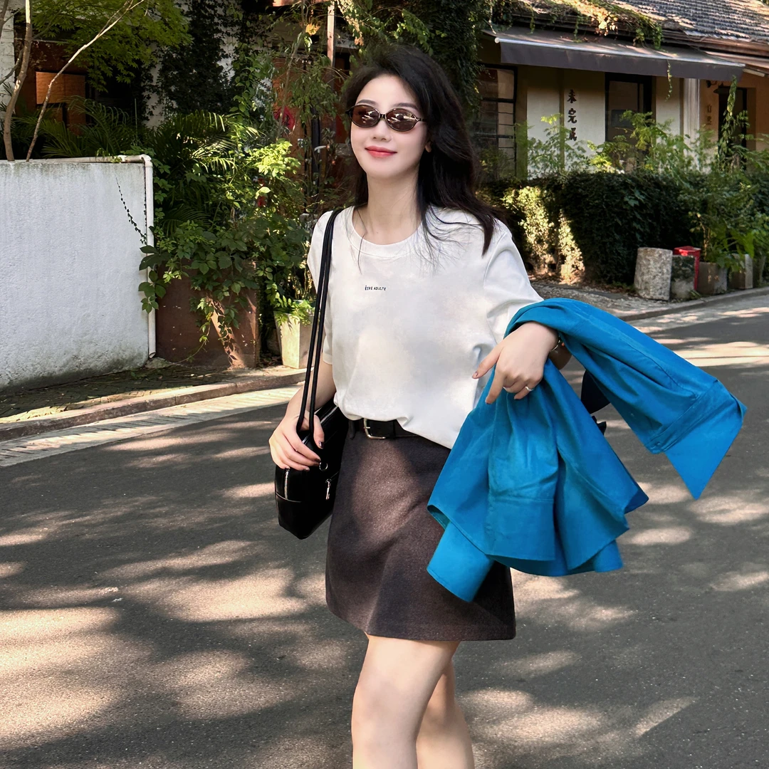 今婷韩系简约ins百搭叠穿字母印花纯色圆领短袖T恤女-M23301336