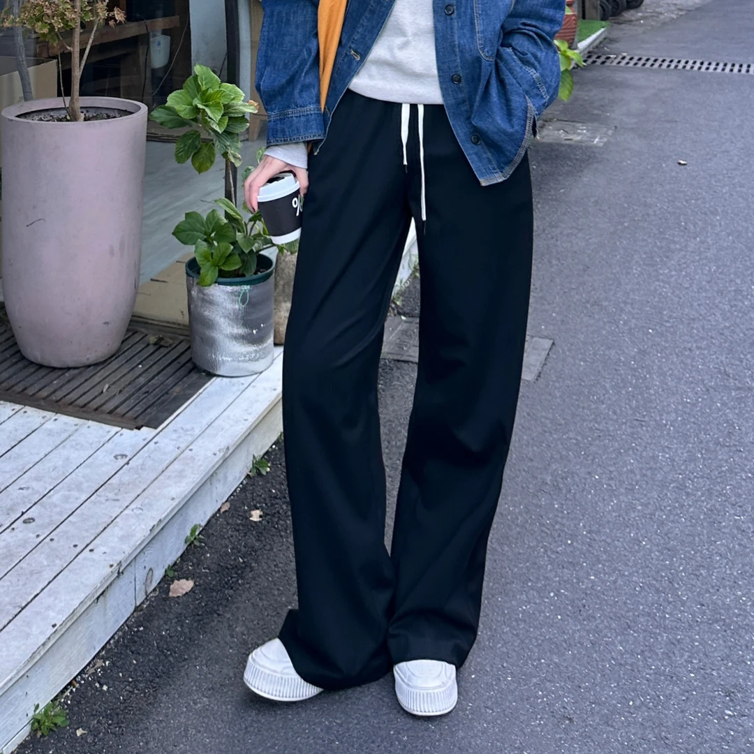 今婷简约时尚纯色百搭松紧腰抽绳高腰直筒西装休闲裤女-M23402371