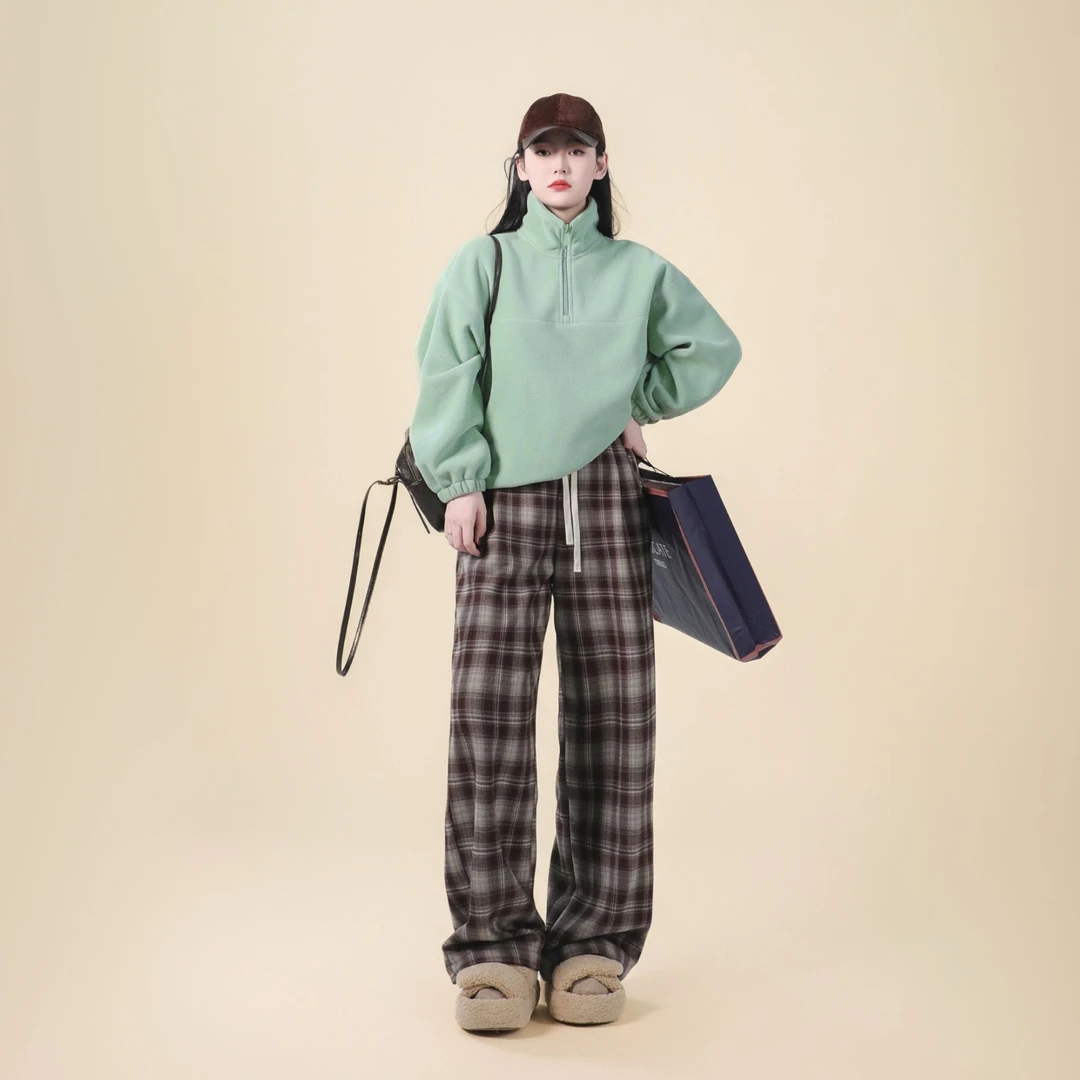 今婷秋冬宽松慵懒休闲厚款全松紧腰直筒抽绳加绒格子裤-H24412326