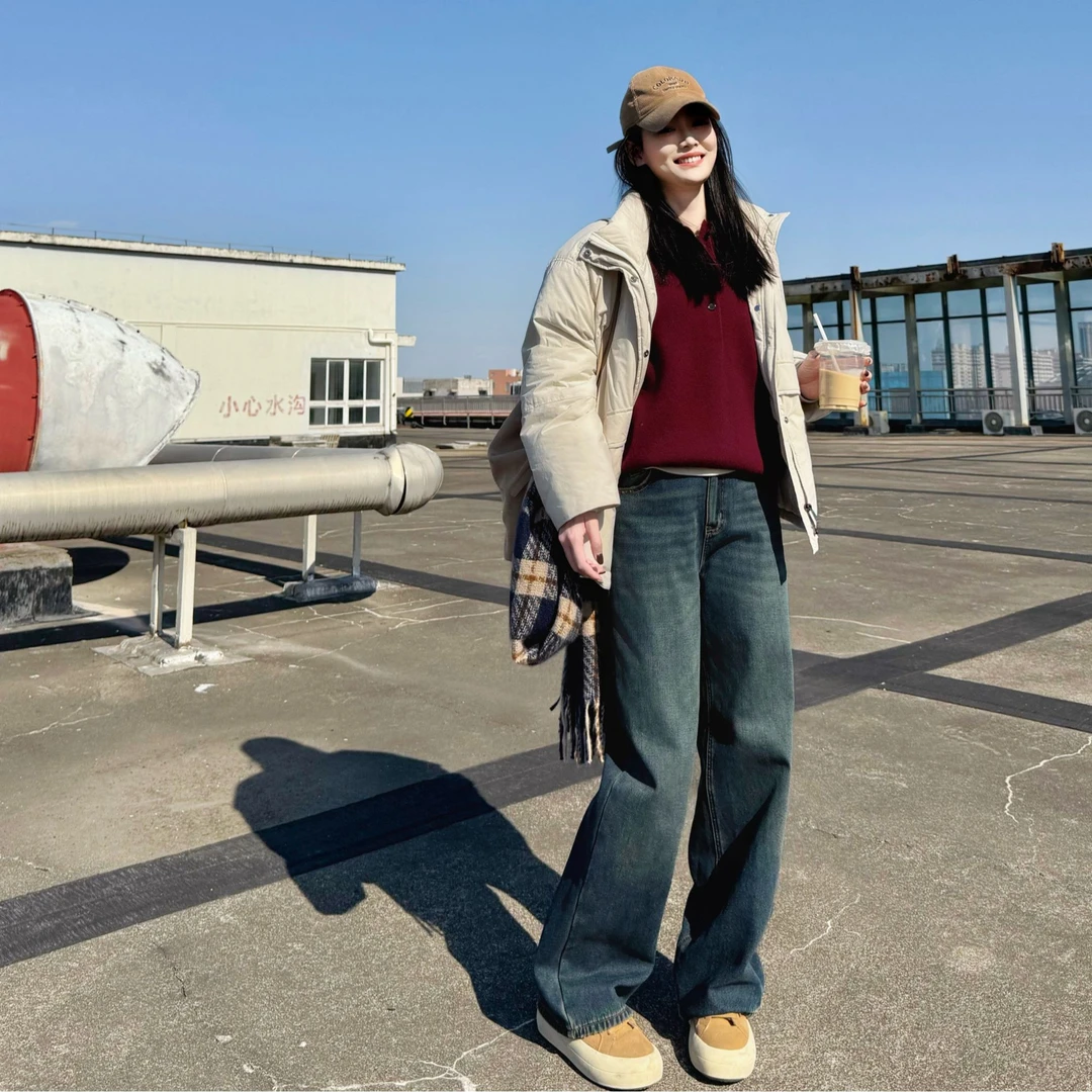 今婷韩系休闲简约百搭复古时尚秋冬水洗加绒直筒牛仔裤-M24402338