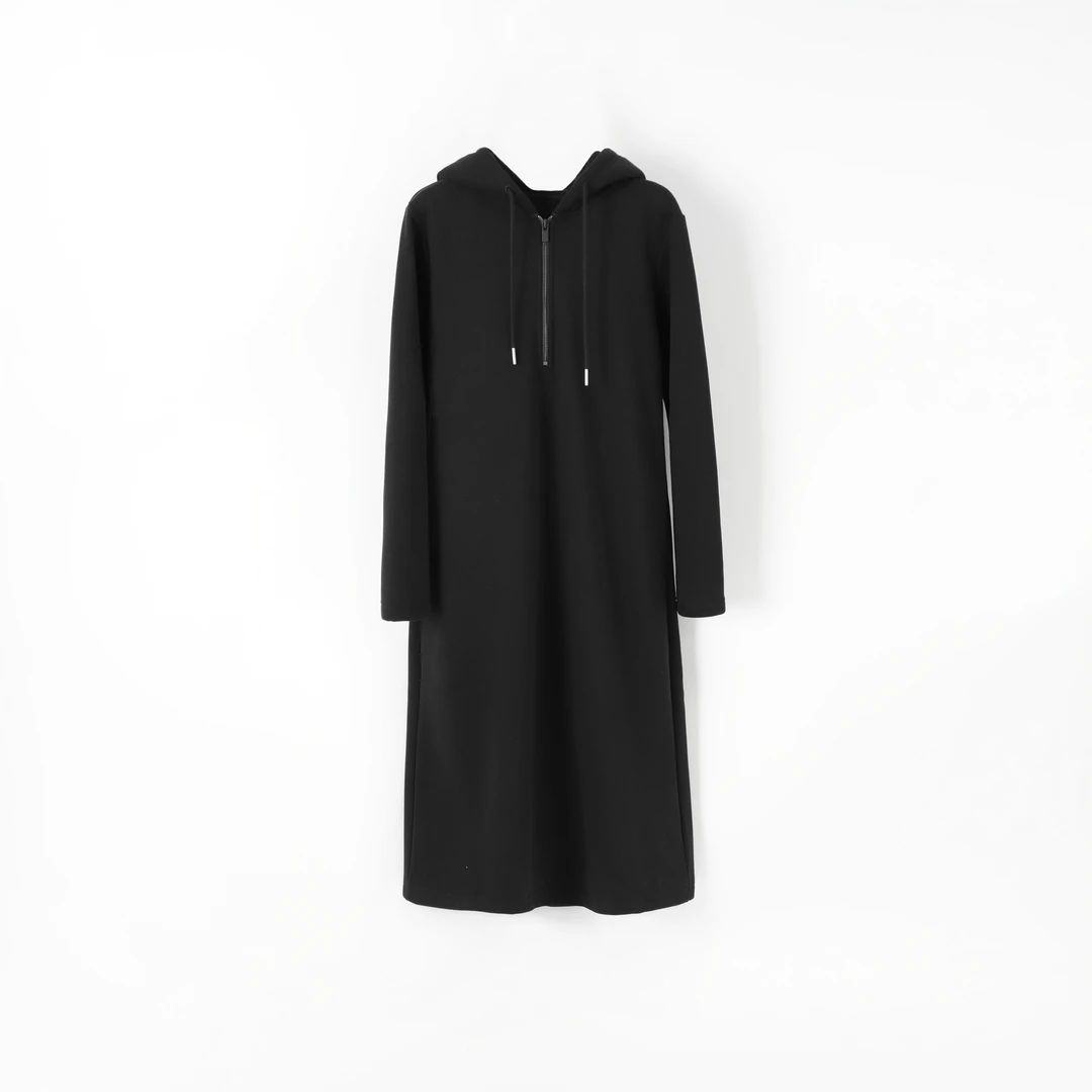 今婷休闲百搭宽松黑色抽绳连帽长版半拉链加绒卫衣裙女-H24401305