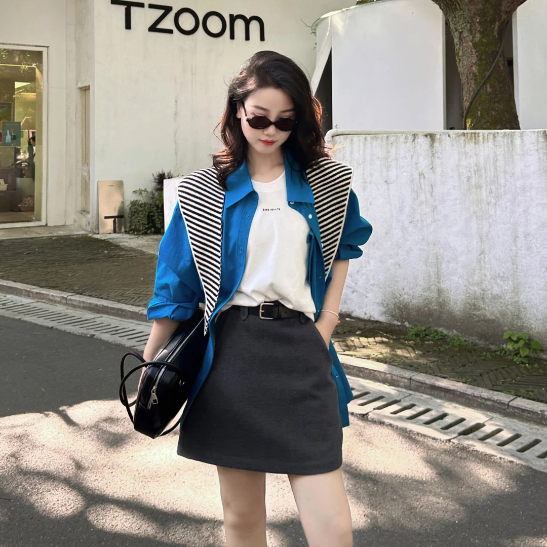 今婷韩版经典时尚气质百搭休闲舒适呢料半身短款A字裙-X24412304