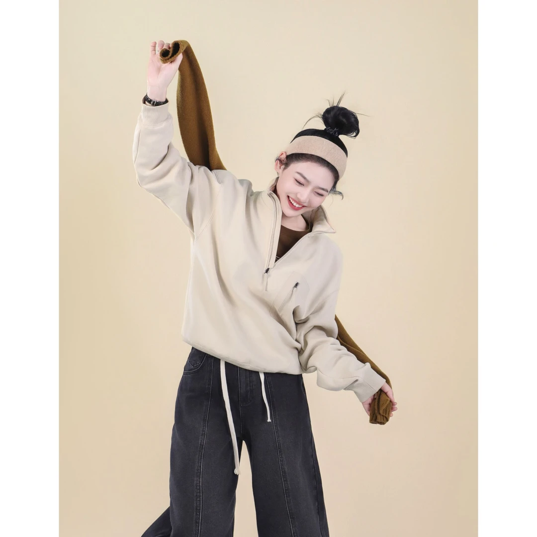今婷复古设计感拼接半拉链立领长袖连帽宽松加绒卫衣女-J24414301