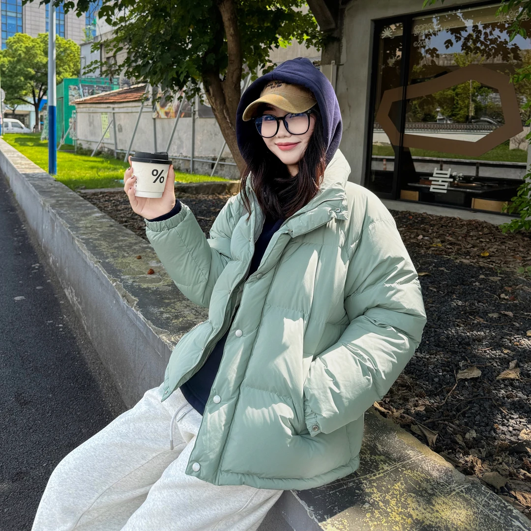 今婷韩版时尚休闲百搭宽松短款纯色立领面包服羽绒服女-J24406304