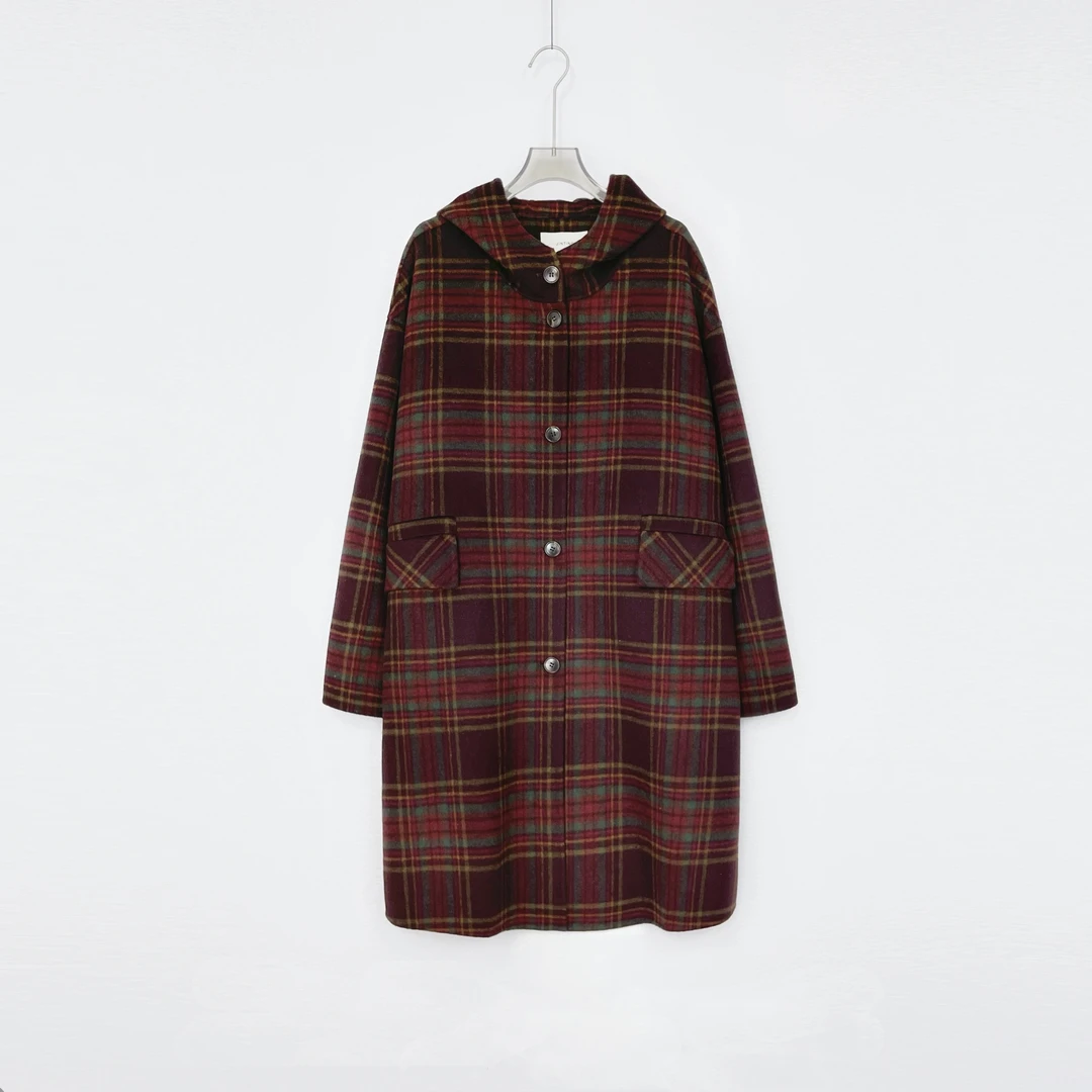 今婷复古百搭宽松学院英伦风长款双毛呢外套格纹大衣-M23405310