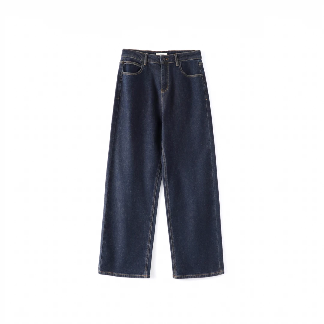 今婷秋冬时髦实穿通勤水洗高腰直筒深蓝色薄绒牛仔长裤-M24406335