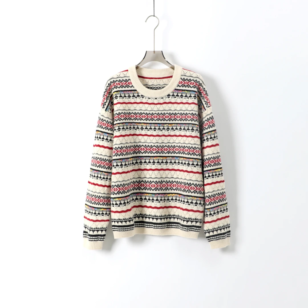 今婷休闲时尚宽松小众设计感复古撞色花纹长袖圆领毛衫-M24402308