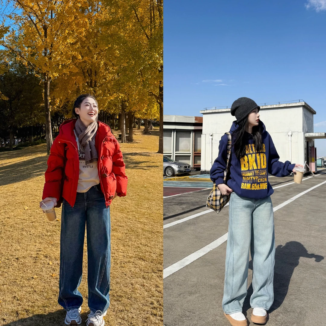 今婷【瘦厚牛仔裤】宽松设计感加绒加厚高腰直筒牛仔裤女-HD248530