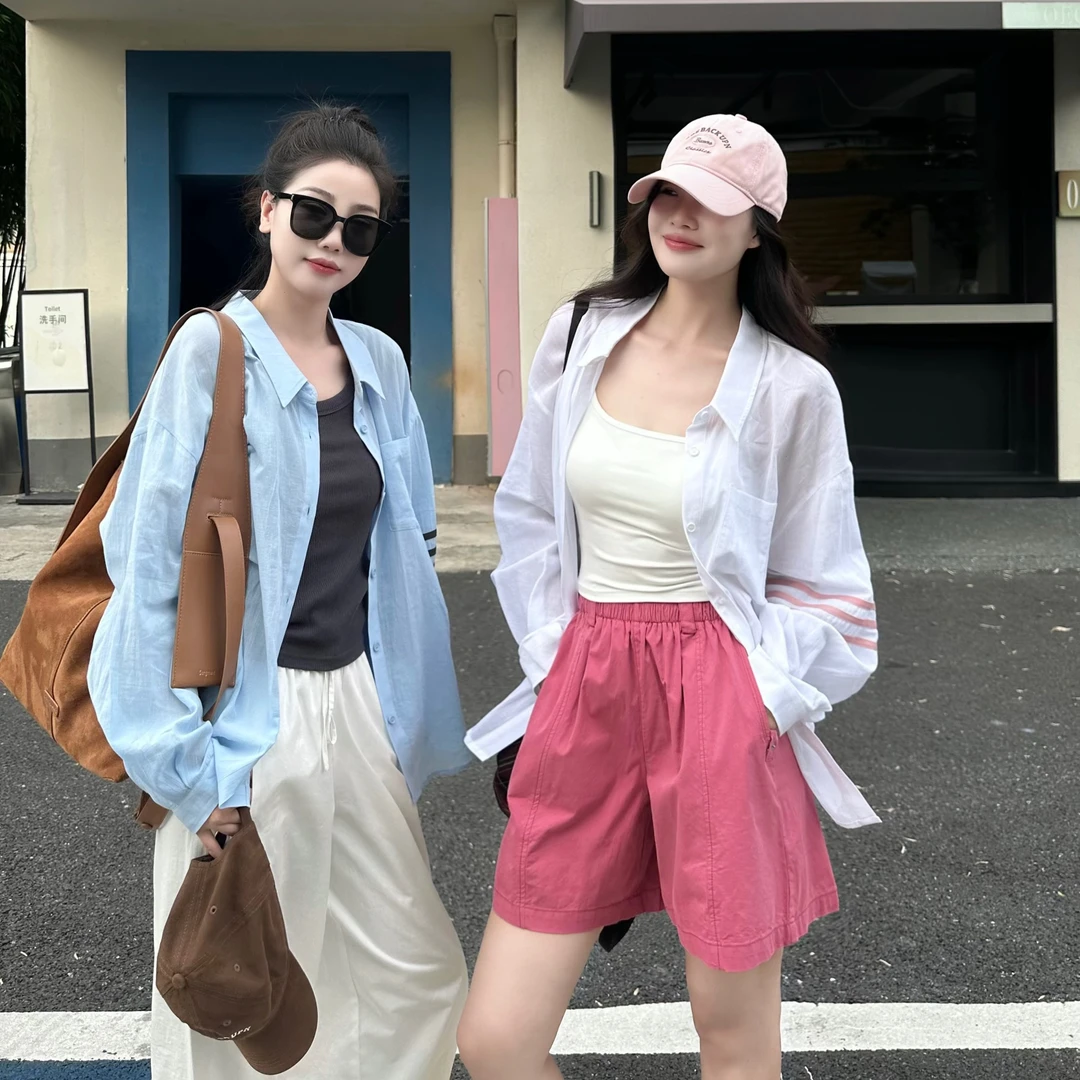 今婷韩系休闲时尚百搭经典宽松舒适设计感三道杠衬衫女-M24204434