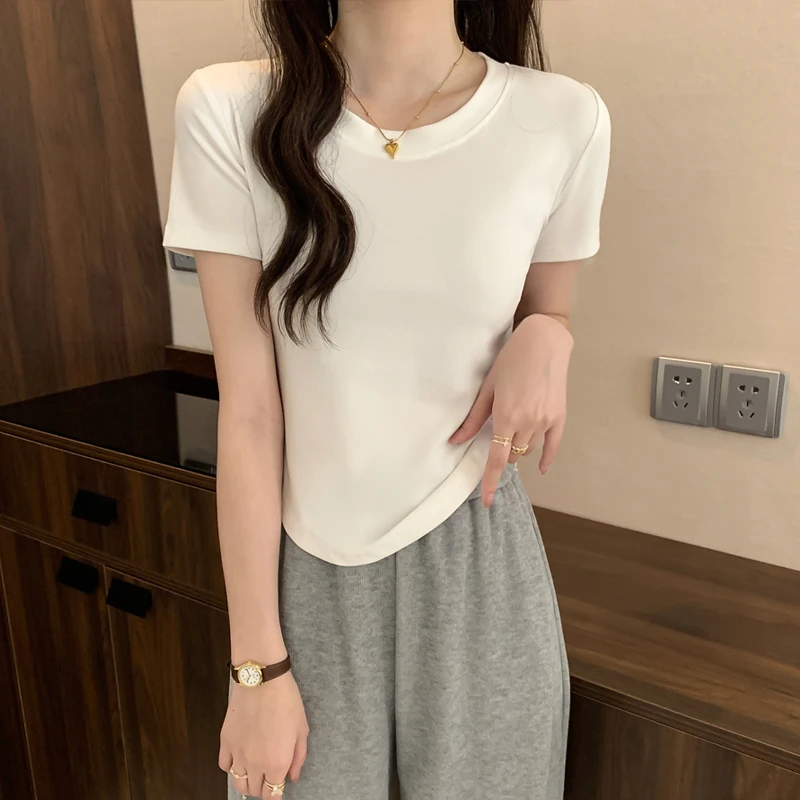 纯欲风圆领辣妹下摆短袖t恤女夏季新款韩版修身不规则上衣短款ins