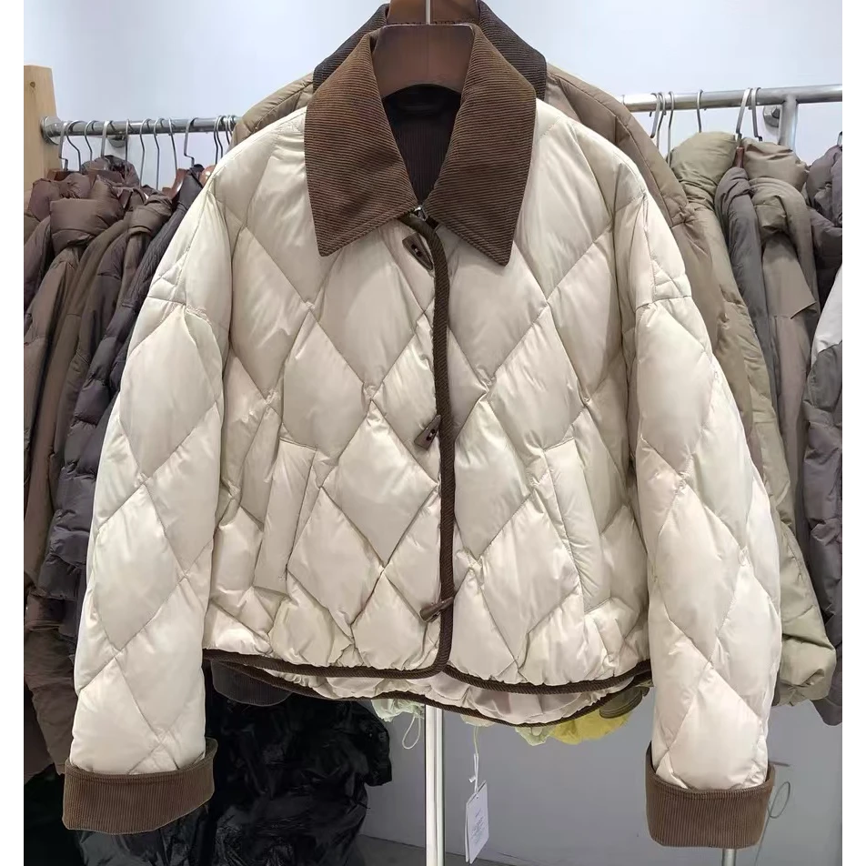 2024秋冬新款韩版宽松菱形格时尚小香风百搭短款外套翻领潮款外套