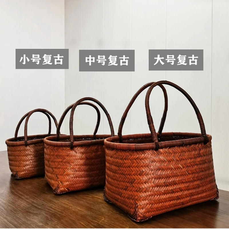 竹编复古菜篮竹青皮手工编织家用外出买菜购物手提篮竹制品广西