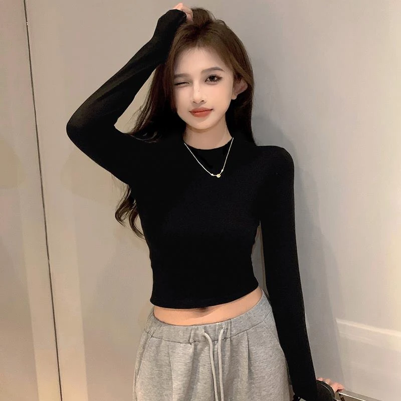 黑色小高领短款长袖t恤女初秋季内搭高腰露脐气质紧身打底衫上衣