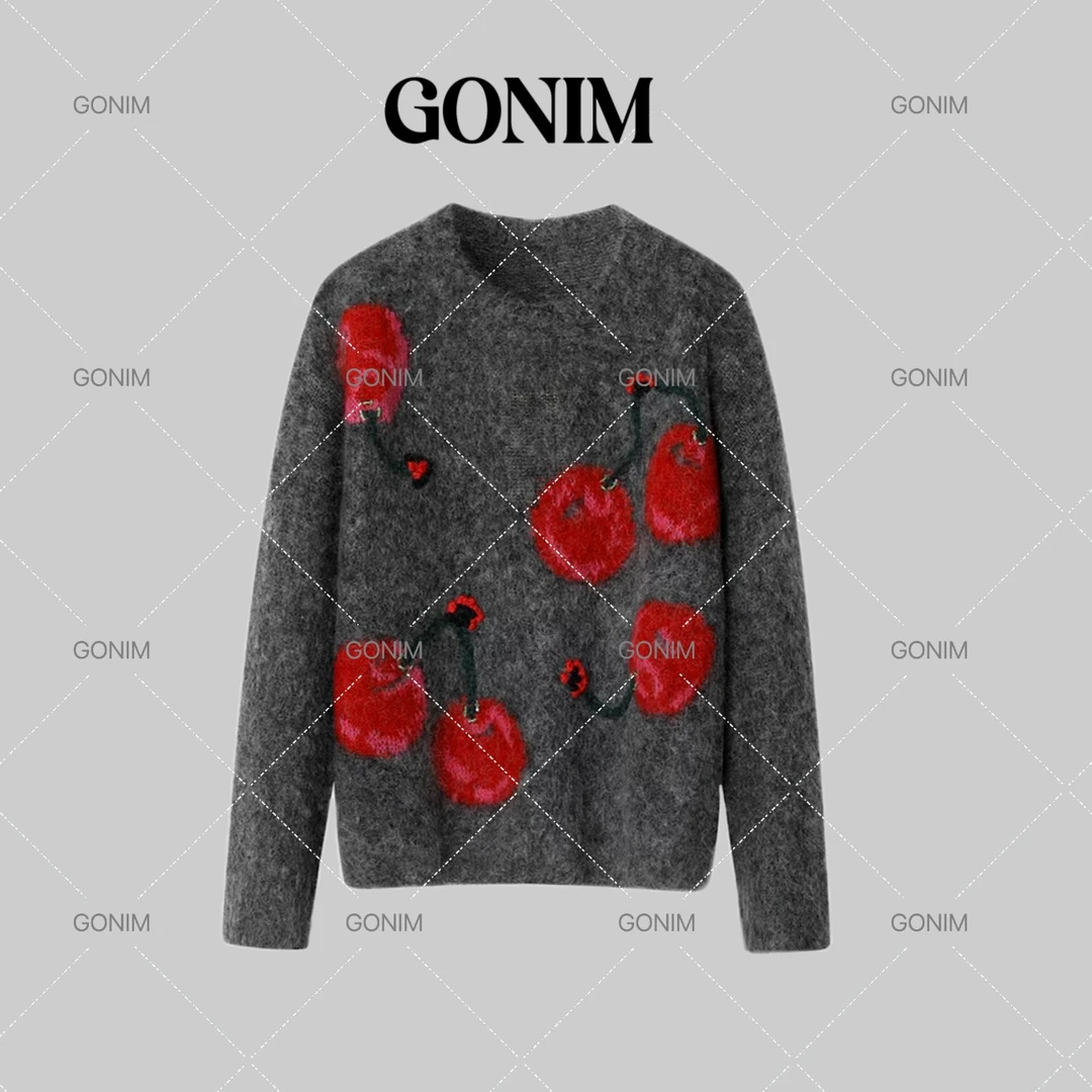 Gonim· "立体樱桃”2024冬季圆领时尚宽松百搭毛衣针织衫上衣女