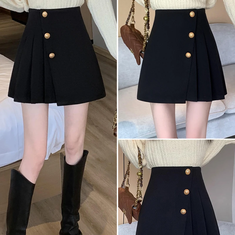 思思~春秋款显瘦不规则黑色半裙高腰防走光百褶裙A字半身裙G256