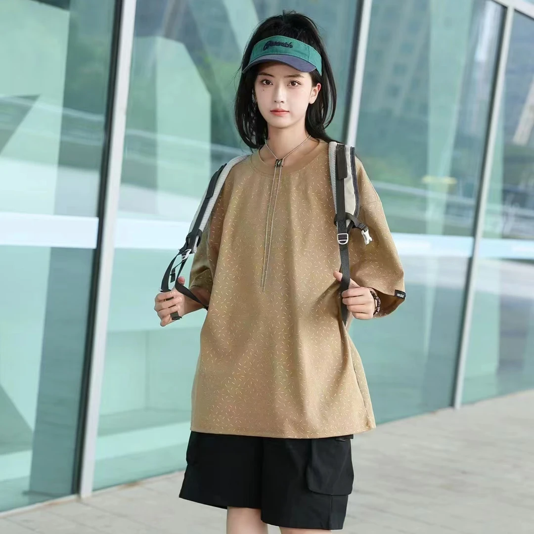 6676 咖色 青少年 潮牌休闲针织短袖