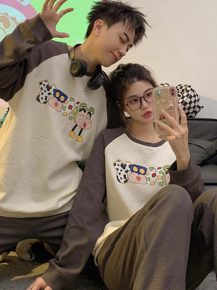 蜡笔小新情侣睡衣女春秋季华夫格长袖长裤可爱家居服男士卡通圆领